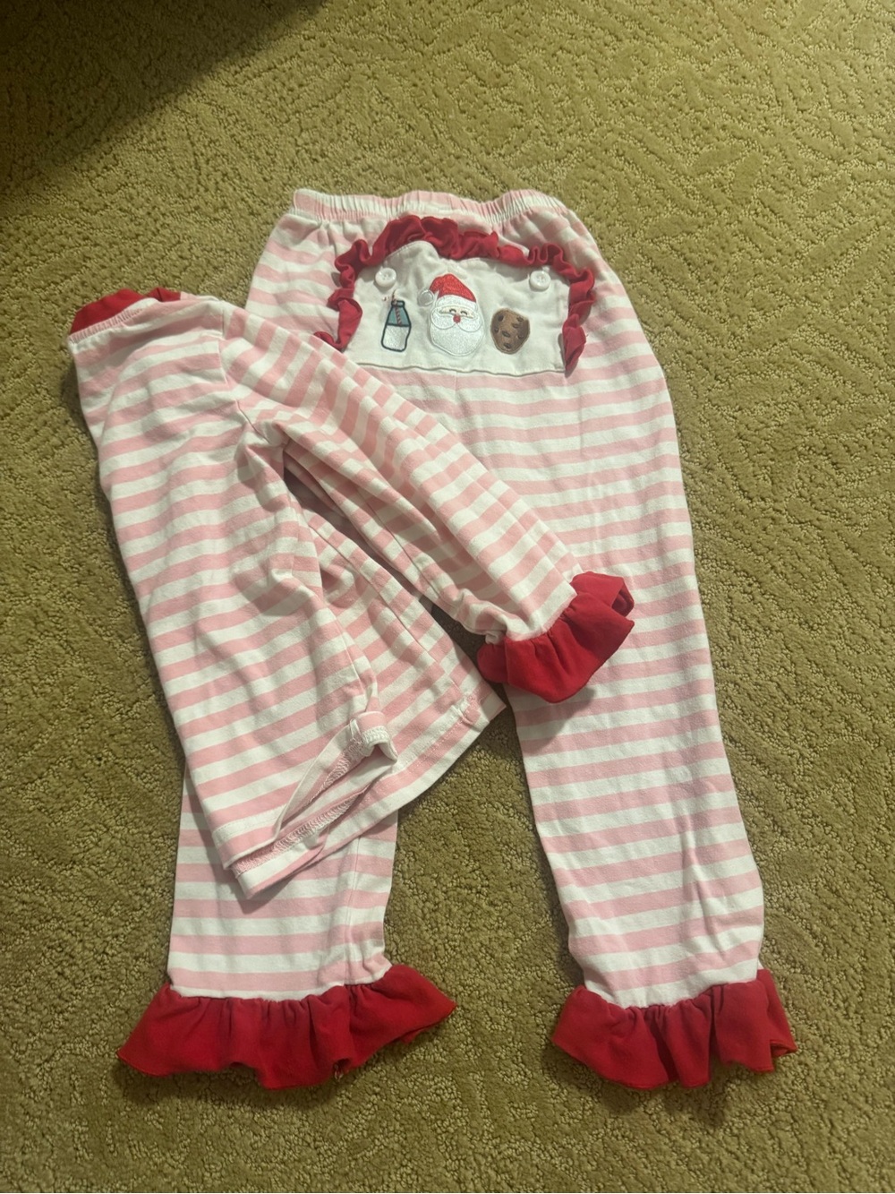 Pink Stripe Ruffle Kids Pajama Pants with Holiday Applique